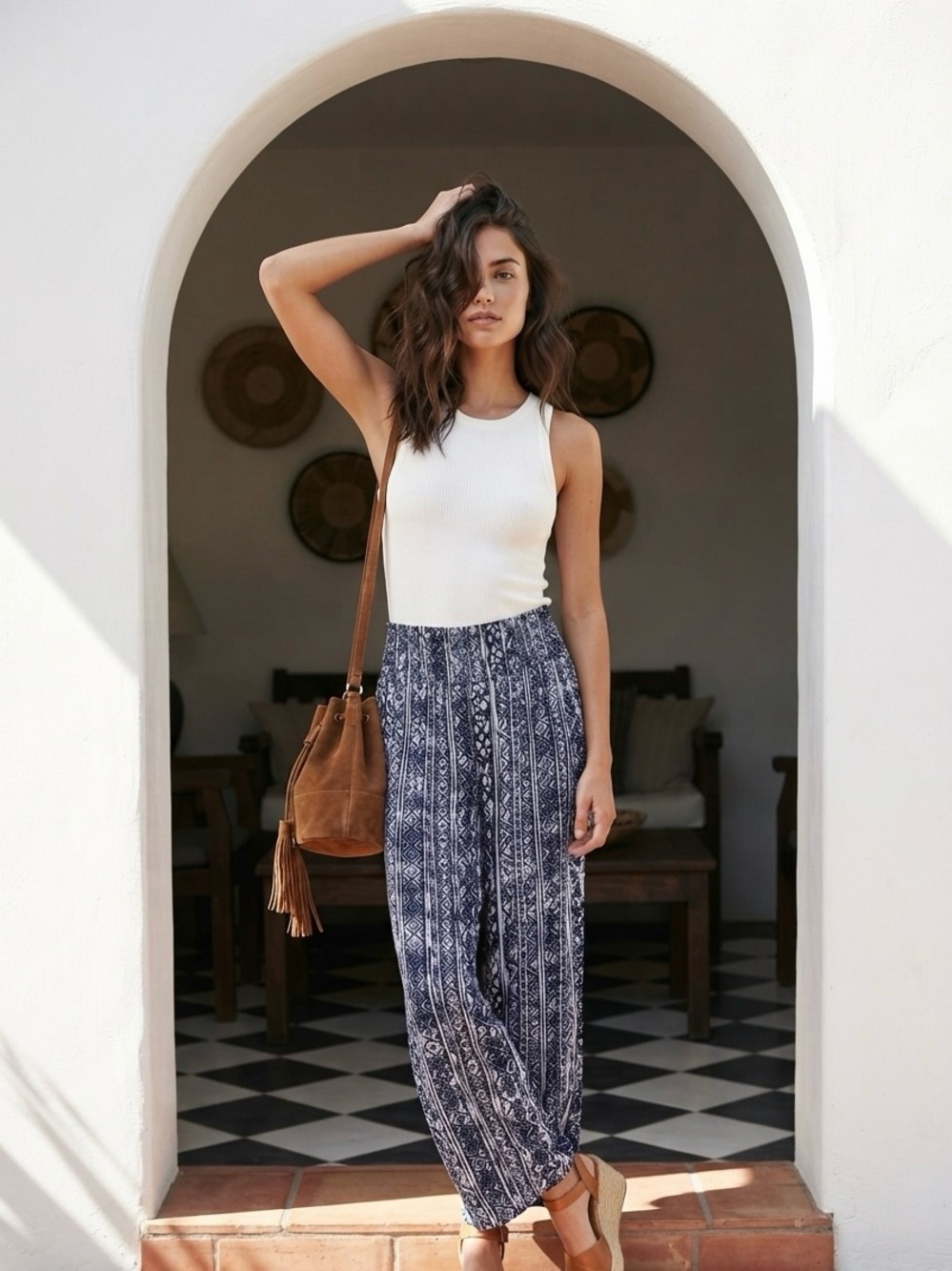 Three Dots Boho Coastal Navy Print Wide Leg Pallazo Pant Summer Festival Hippie